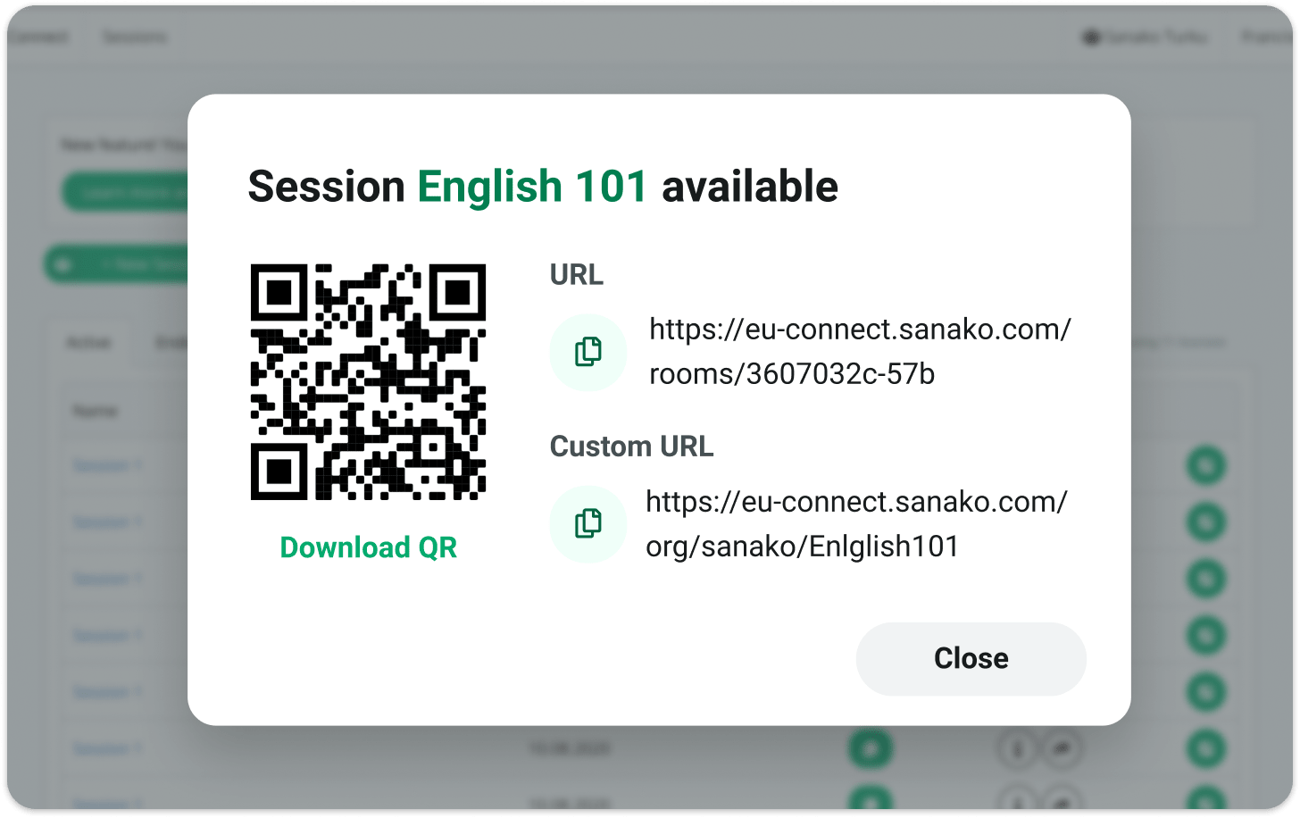Connect_Illustration_first Sanako Connect popup window showing information for joining a session