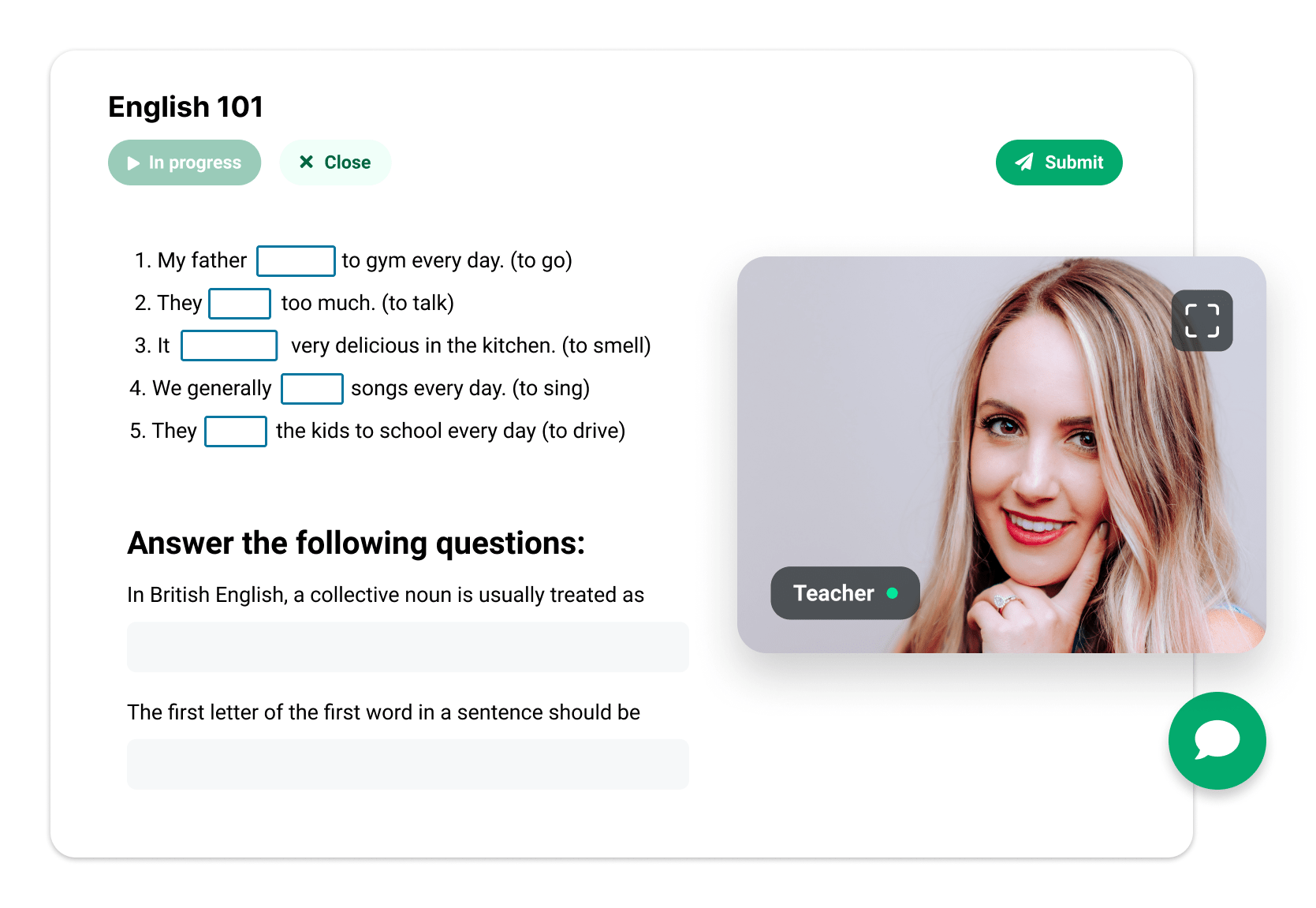 Connect_illustrations_1-min Sanako Connect UI of a student gapfill exercise while the teacher is online