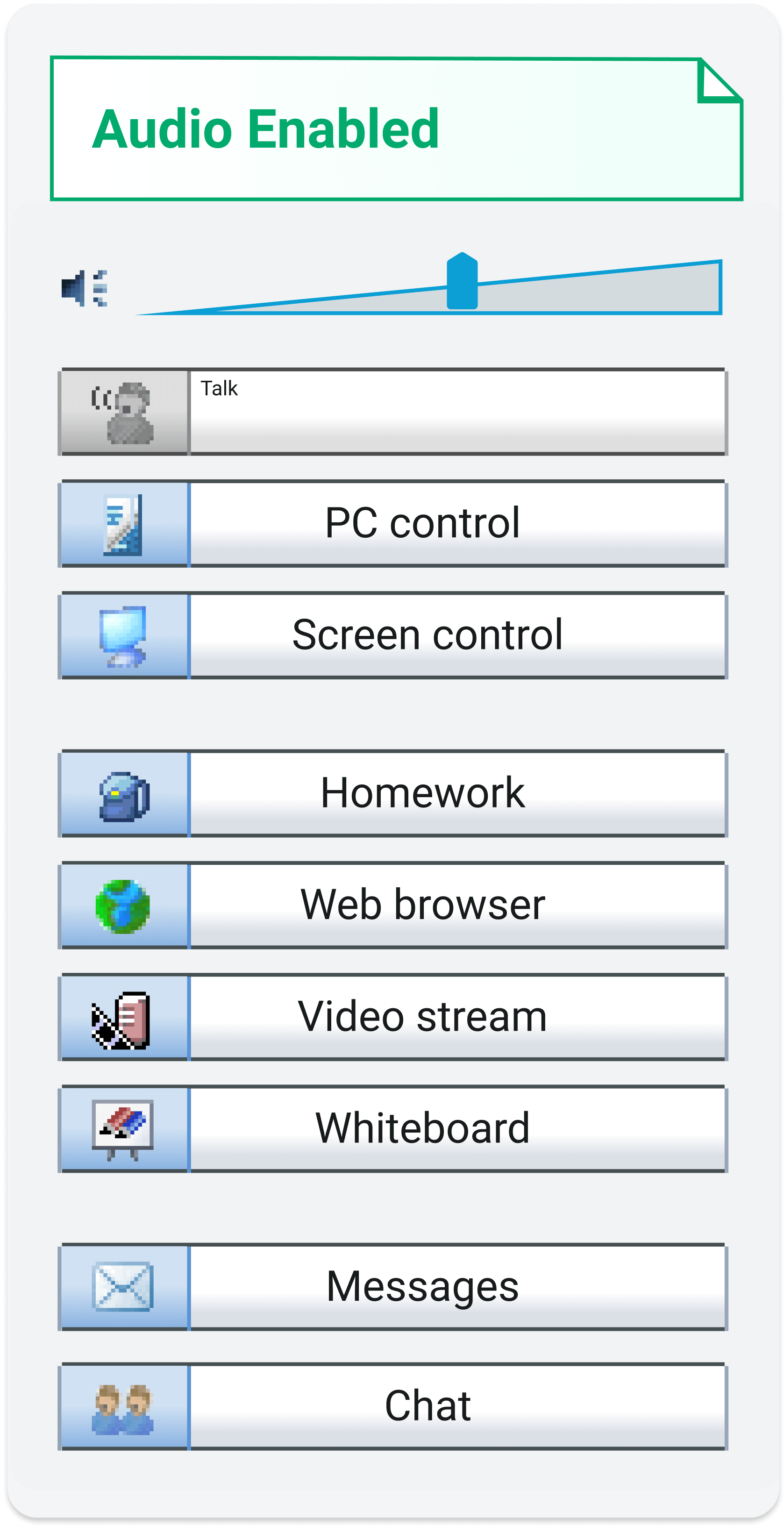 Sanako Study interface of the options panel for the teacher