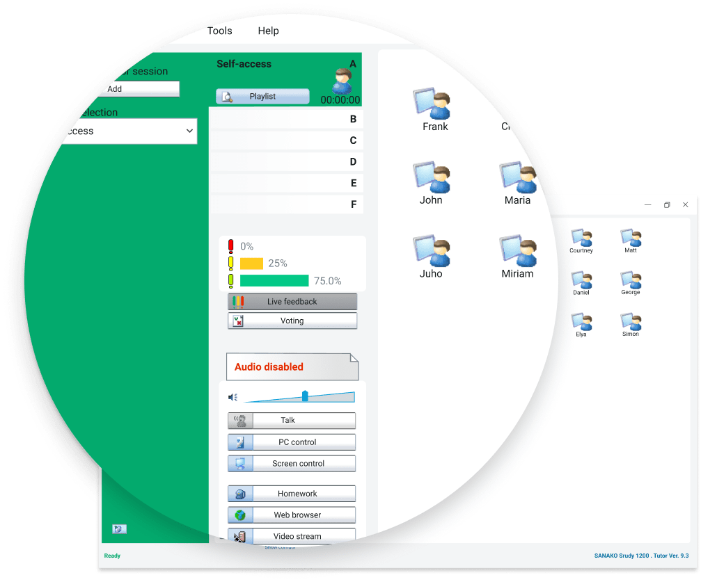 User Interface of Sanako Study with the main screen visible with some students, and a sidebar with available options for them